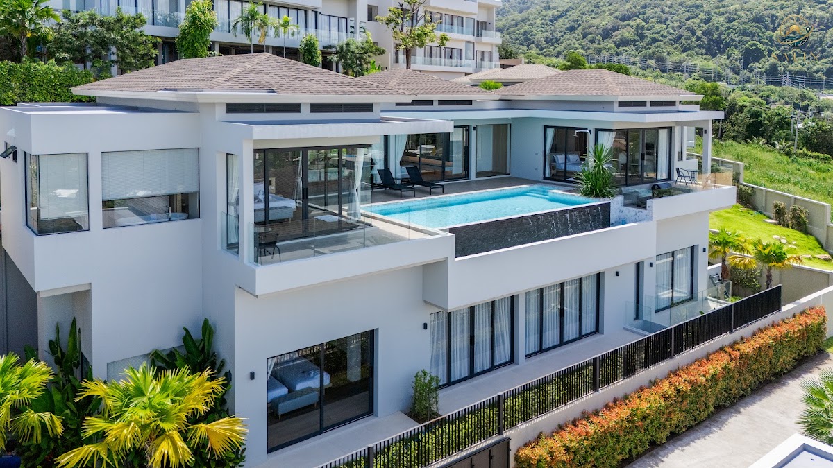 Aerial view of villa rooftop terrace and pool above Phuket